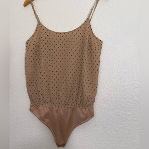 L’Academie Women’s Tan With Black Embroidered Dots Thong Bodysuit, Size Small
